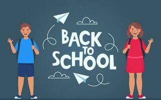 Back to school poster, banner. Lettering Back to school inscription with clouds and paper airplanes flying around, drawn with chalk on a green board. Happy kids pupils. Vector. vector