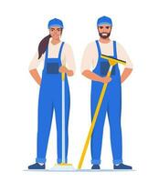 Cleaning service man and woman character in uniform with mop and glass cleaning scraper. Worker of cleaning service. Vector illustration.