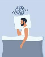 Young man lies in bed and suffers from insomnia, depression, unresolved problems. Man surrounded by stream of anxious thoughts. Mental health, life crisis. Vector illustration.