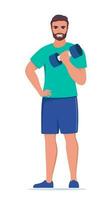 Man dressed in sports clothes does exercises with dumbbells. Vector illustration.
