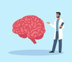 Doctor gives a training lecture about anatomy. Doctor presenting human brain infographics. Medical seminar, lecture, healthcare meeting concept. Vector illustration.