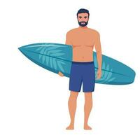 Young man surfer with surfboard standing on the beach. Smiling surfer guy. Vector illustration.