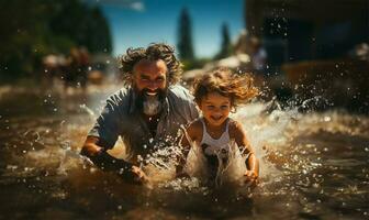 mayor hombre y un niño jugando y salpicaduras con agua en un playa en verano. ai generado foto