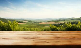 empty wooden table top with a blurred vineyard landscape in the background. AI Generated photo