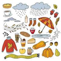 Set of autumn cozy elements. Pumpkin, leaves, umbrella, cakes, cup of tea, socks, sweater, mittens, clouds, rain, wind, puddle, leaves, acorn, desserts. Collection of natural phenomena illustrations vector