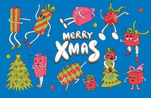 90s style Merry Christmas set with different gift boxes characters. Funny Xmas presents. Dancing and jumping Christmas boxes with faces, arms and legs. Cartoon flat design vector