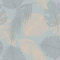 Tropical linear seamless pattern with monstera, palm leaf, fern, branches on blue gray background. Line art with different leaves vector