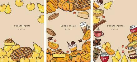 Set of template with autumn food. Poster, menu with pumpkin, apple pie, jam, tee, cup of coffee, spices, latte, dessert, lemon tart, pear, cookies, cinnamon, cheesecake, anise on beige background vector