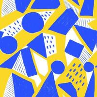 Geometric abstract seamless pattern with cubes, circles and stripes. Hand drawn chalk pattern in blue, yellow and white colors vector