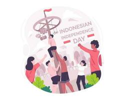 personas celebrar indonesio independencia día. panjat pinang o polo alpinismo es un tradicional juego competencia. Indonesia independencia día concepto ilustración vector