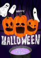 Happy Halloween poster with pumpkins, cauldron with poison, dark forest, ghost. Chalk lettering vector