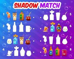 Shadow match game. Cartoon drink characters shades vector