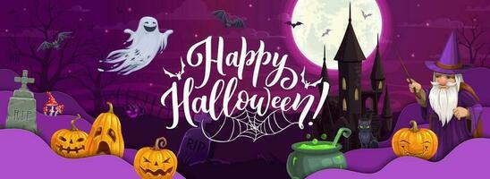 Halloween paper cut banner cartoon wizard, pumpkin vector