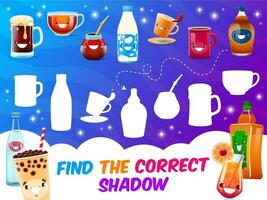 Find correct shadow game, cartoon drink characters vector