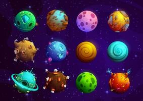 Cartoon alien fantasy space planets cosmic objects vector