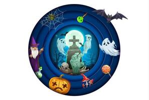 Halloween paper cut cartoon characters on cemetery vector