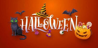 Halloween banner of horror pumpkin, sweets, bats vector