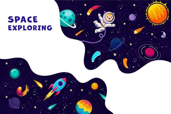 Space banner with kid astronaut, rocket, planets