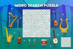 Word search puzzle game with musical instruments vector