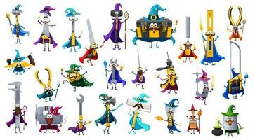 Cartoon tools wizard and warlock characters set vector