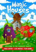 Kids party flyer, cartoon fairytale houses village vector