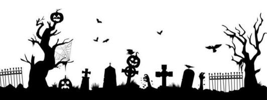 Halloween cemetery silhouette, creepy graveyard vector