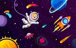 Kid astronaut in outer space, rocketship in galaxy vector