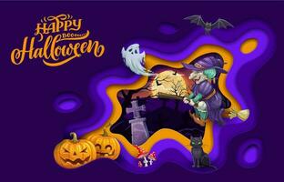 Halloween paper cut cartoon witch and pumpkins vector