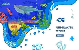 Landing page, cartoon whale, fish shoal and sea vector