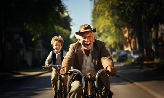 gracioso mayor hombre montando un bicicleta con su nieto. ai generado foto