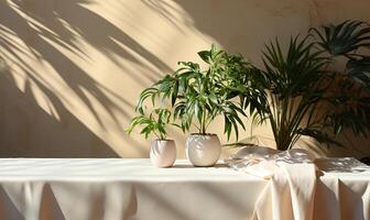 Soft beige cotton tablecloth on counter table AI Generated photo