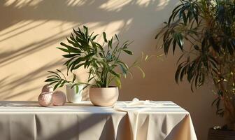 Soft beige cotton tablecloth on counter table photo