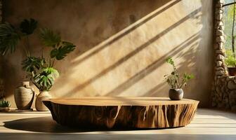 Natural log wood podium table in sunlight AI Generated photo