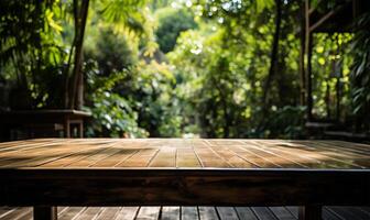 wooden table set against the background of a dense bamboo grove. AI Generated photo