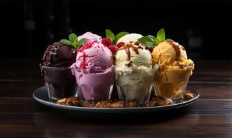 various flavors of ice cream scoops arranged on a dark stone background. AI Generated photo