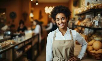 a friendly woman working in a retail store. AI Generated photo