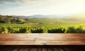 empty wooden table top with a blurred vineyard landscape in the background. AI Generated photo