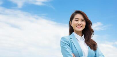 Smiling young businesswoman in the blue sky. AI generated photo