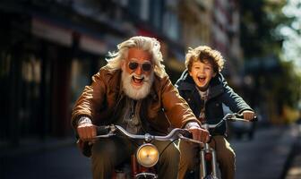 gracioso mayor hombre montando un bicicleta con su nieto. ai generado foto