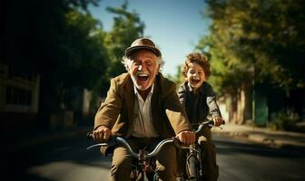 gracioso mayor hombre montando un bicicleta con su nieto. ai generado foto