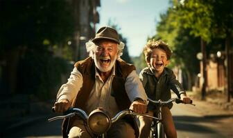 gracioso mayor hombre montando un bicicleta con su nieto. ai generado foto