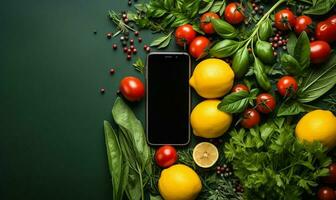 comida entrega. teléfono con vacío pantalla y orgánico vegetales alrededor. ai generado foto