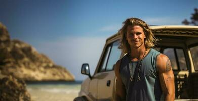 Surfer posing in front of his van with a surfboard in his hands near the beach. AI Generated photo