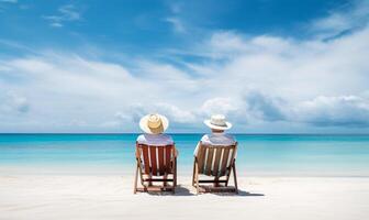 Retired traveling couple resting together on sun loungers during beach vacations on a tropical island. photo