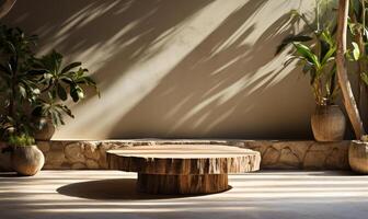 Natural log wood podium table in sunlight AI Generated photo