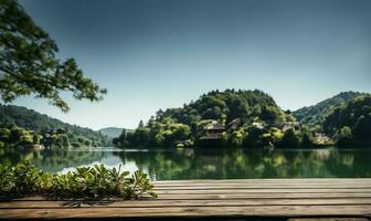 tranquil lakeside scene during summertime. AI Generated photo