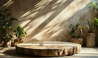 natural Iniciar sesión madera podio mesa en luz de sol ai generado foto
