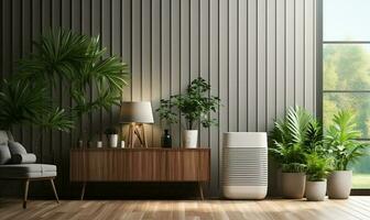 White modern design air purifier, dehumidifier in beige brown wall bedroom. AI Generated photo