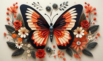 Butterfly with leaves and flowers in the style of Charley Harper photo