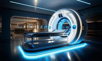 advanced MRI or CT scan machine located in a hospital lab. photo